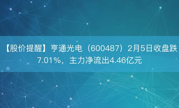 【股价提醒】亨通光电（600487）2月5日收盘跌7.01%，主力净流出4.46亿元