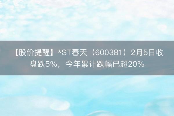 【股价提醒】*ST春天（600381）2月5日收盘跌5%，今年累计跌幅已超20%